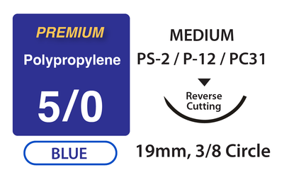 Premium+ Polypropylene Surgical Sutures, Size 5/0, 18" Thread with 19mm 3/8 Circle R/C Needle. Blue. Box of 12.