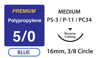 Premium+ Polypropylene Surgical Sutures, Size 5/0, 18" Thread with 16mm 3/8 Circle R/C Needle. Blue. Box of 12.