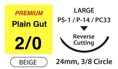 Premium+ Plain Gut Surgical Sutures, Size 2/0, 27" Thread with 24mm 3/8 Circle R/C Needle. Beige. Box of 12.