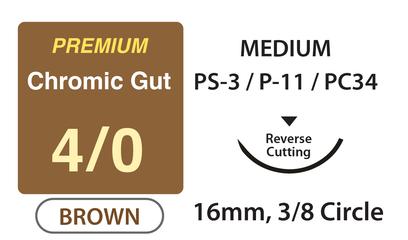 Premium+ Chromic Gut Surgical Sutures, Size 4/0, 18" Thread with 16mm 3/8 Circle R/C Needle. Brown. Box of 12.