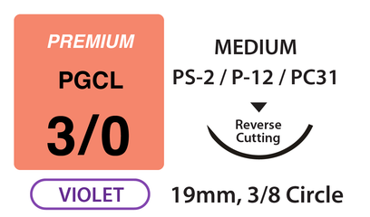 Premium+ PGCL Surgical Sutures, Size 3/0, 18" Thread with 19mm 3/8 Circle R/C Needle. Violet. Box of 12.