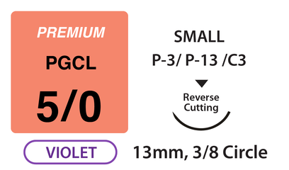 Premium+ PGCL Surgical Sutures, Size 5/0, 18" Thread with 13mm 3/8 Circle R/C Needle. Violet. Box of 12.