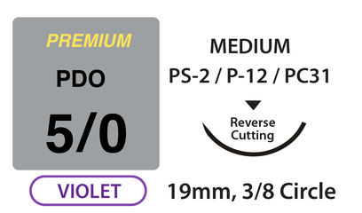 PREMIUM+ PDO Surgical Sutures, Size 5/0, 18" Thread with 19mm 3/8 Circle R/C Needle. Violet. Box of 12.