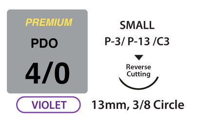 PREMIUM+ PDO Surgical Sutures, Size 4/0, 18" Thread with 13mm 3/8 Circle R/C Needle. Violet. Box of 12.