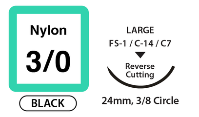 Nylon Surgical Sutures, Size 3/0, 30" Thread with 24mm 3/8 Circle R/C Needle. Black. Box of 12.