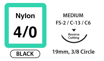 Nylon Surgical Sutures, Size 4/0, 18" Thread with 19mm 3/8 Circle R/C Needle. Black. Box of 12.