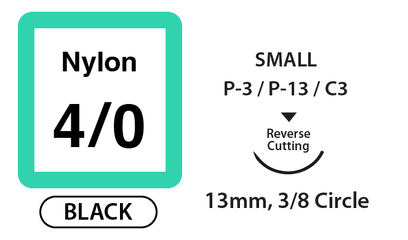 Nylon Surgical Sutures, Size 4/0, 10" Thread with 13mm 3/8 Circle R/C Needle. Black. Box of 12.