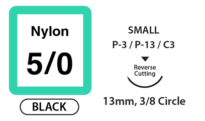 NYLON - 5/0, 18" - Small - 13mm, 3/8 Circle, Rev Cut - Black Color, Box of 36