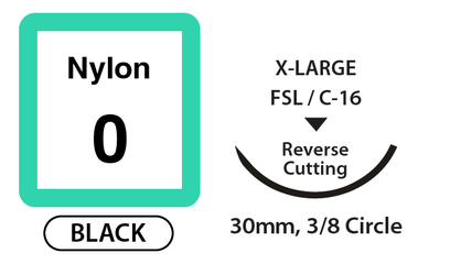 Nylon Surgical Sutures, Size 0, 30" Thread with 30mm 3/8 Circle R/C Needle. Black. Box of 12.