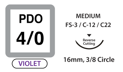 PDO Surgical Sutures, Size 4/0, 18" Thread with 16mm 3/8 Circle R/C Needle. Violet. Box of 12.