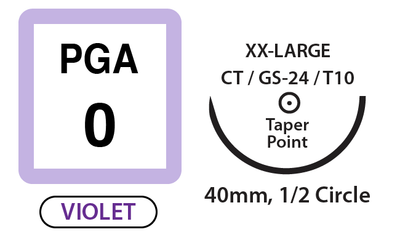 PGA Surgical Sutures, Size 0, 30" Thread with 40mm 1/2 Circle Taper Point Needle. Violet. Box of 12.