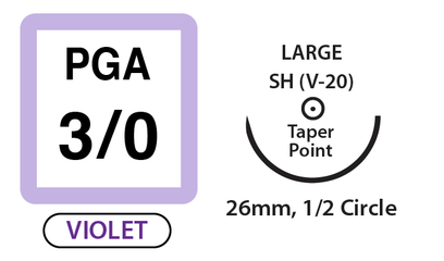 PGA Surgical Sutures, Size 3/0, 30" Thread with 26mm 1/2 Circle Taper Point Needle. Violet. Box of 12.