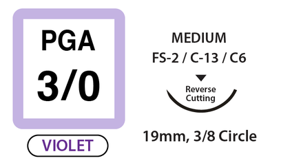 PGA Surgical Sutures, Size 3/0, 18" Thread with 19mm 3/8 Circle R/C Needle. Violet. Box of 12.