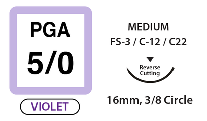 PGA Surgical Sutures, Size 5/0, 18" Thread with 16mm 3/8 Circle R/C Needle. Violet. Box of 12.
