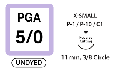 PGA Surgical Sutures, Size 5/0, 18" Thread with 11mm 3/8 Circle R/C Needle. Undyed. Box of 12.