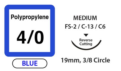 Polypropylene Surgical Sutures, Size 4/0, 18" Thread with 19mm 3/8 Circle R/C Needle. Blue. Box of 12.