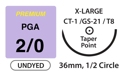 Premium+ PGA Surgical Sutures, Size 2/0, 27" Thread with 36mm 1/2 Circle Taper Point Needle. Undyed. Box of 12.