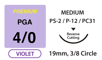 Premium+ PGA Surgical Sutures, Size 4/0, 18" Thread with 19mm 3/8 Circle R/C Needle. Violet. Box of 12.