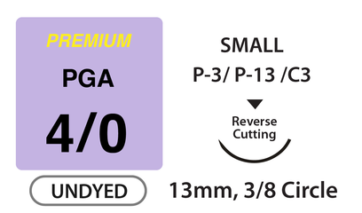 Premium+ PGA Surgical Sutures, Size 4/0, 18" Thread with 13mm 3/8 Circle R/C Needle. Undyed. Box of 12.