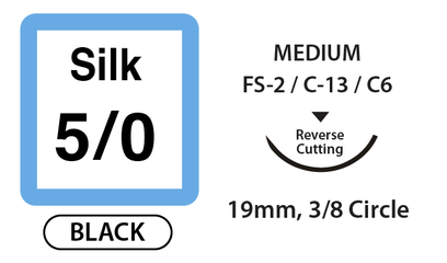 Silk Surgical Sutures, Size 5/0, 18" Thread with 19mm 3/8 Circle R/C Needle. Black. Box of 12.