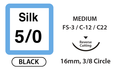 Silk Surgical Sutures, Size 5/0, 18" Thread with 16mm 3/8 Circle R/C Needle. Black. Box of 12.