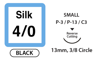 Silk Surgical Sutures, Size 4/0, 18" Thread with 13mm 3/8 Circle R/C Needle. Black. Box of 12.