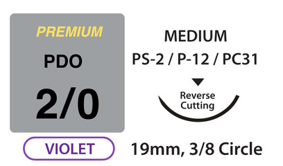 PREMIUM+ PDO Surgical Sutures, Size 2/0, 18" Thread with 19mm 3/8 Circle R/C Needle. Violet. Box of 12.