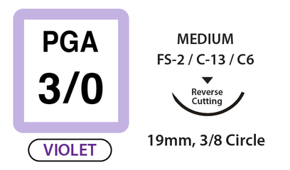 PGA Surgical Sutures, Size 3/0, 18" Thread with 19mm 3/8 Circle R/C Needle. Violet. Box of 36