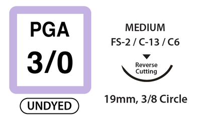 PGA Surgical Sutures, Size 3/0, 18" Thread with 19mm 3/8 Circle R/C Needle. Undyed. Box of 36