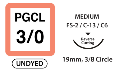 PGCL Surgical Sutures, Size 3/0, 18" Thread with 19mm 3/8 Circle R/C Needle. Undyed. Box of 36