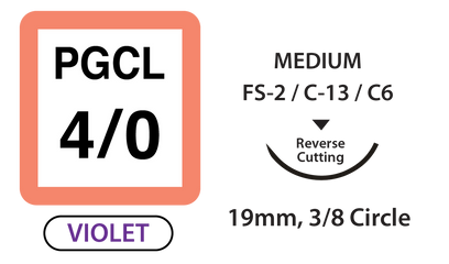 PGCL Surgical Sutures, Size 4/0, 18" Thread with 19mm 3/8 Circle R/C Needle. Violet. Box of 36