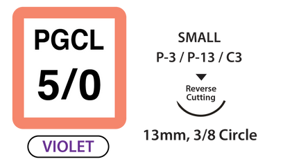 PGCL Surgical Sutures, Size 5/0, 18" Thread with 13mm 3/8 Circle R/C Needle. Violet. Box of 36