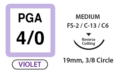 PGA Surgical Sutures,Size 4/0, 18" Thread with 19mm 3/8 Circle R/C Needle. Violet. Box of 36