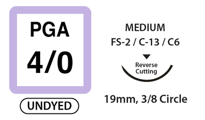 PGA Surgical Sutures, Size 4/0, 18" Thread with 19mm 3/8 Circle R/C Needle. Undyed. Box of 36