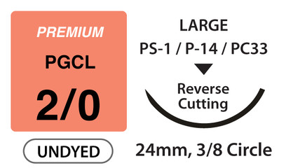 Premium+ PGCL Surgical Sutures, Size 2/0, 27" Thread with 24mm 3/8 Circle R/C Needle. Undyed. Box of 12.