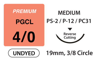 Premium+ PGCL Surgical Sutures, Size 4/0, 27" Thread with 19mm 3/8 Circle R/C Needle. Undyed. Box of 12.