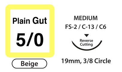 Plain Gut Surgical Sutures, Size 5/0, 18" Thread with 19mm 3/8 Circle R/C Needle. Beige. Box of 12. Plain Gut Surgical Sutures, Size 5/0, 18" Thread with 19mm 3/8 Circle R/C Needle. Beige. Box of 12.