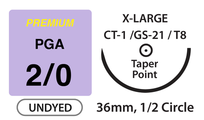 Premium+ PGA Surgical Sutures, Size 2/0, 27" Thread with 36mm 1/2 Circle Taper Point Needle. Undyed. Box of 12. Clearance (No Return) Premium+ PGA Surgical Sutures, Size 2/0, 27" Thread with 36mm 1/2 Circle Taper Point Needle. Undyed. Box of 12. Clearance (No Return)