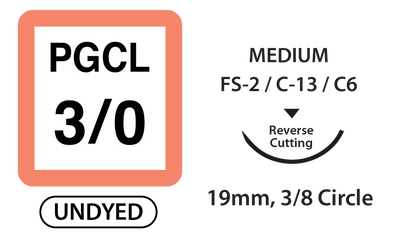 PGCL Surgical Sutures, Size 3/0, 30" Thread with 19mm 3/8 Circle R/C Needle. Undyed. Box of 12. Clearance (No Return) PGCL Surgical Sutures, Size 3/0, 30" Thread with 19mm 3/8 Circle R/C Needle. Undyed. Box of 12. Clearance (No Return)