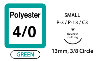 Polyester Surgical Sutures, Size 4/0, 13mm 3/8 Rev Cut, 18". Green. Box of 12 Polyester Surgical Sutures, Size 4/0, 13mm 3/8 Rev Cut, 18". Green. Box of 12