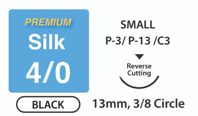 Premium+ Silk Surgical Sutures, Size 4/0, 18" Thread with 13mm 3/8 Circle R/C Needle. Black. Box of 12. Premium+ Silk Surgical Sutures, Size 4/0, 18" Thread with 13mm 3/8 Circle R/C Needle. Black. Box of 12.