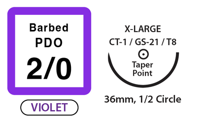 Barbed PDO Surgical Suture, Size 2/0, 18" Thread with 36mm 1/2 Circle Taper Point Needle. Violet. Box of 6. Clearance (No Return) Barbed PDO Surgical Suture, Size 2/0, 18" Thread with 36mm 1/2 Circle Taper Point Needle. Violet. Box of 6. Clearance (No Return)