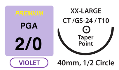 Premium+ PGA Surgical Sutures, Size 2/0, 27" Thread with 40mm 1/2 Circle Taper Point Needle. Violet. Box of 12. Clearance (No Return) Premium+ PGA Surgical Sutures, Size 2/0, 27" Thread with 40mm 1/2 Circle Taper Point Needle. Violet. Box of 12. Clearance (No Return)