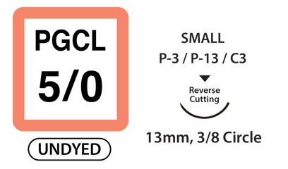 PGCL Surgical Sutures, Size 5/0, 18" Thread with 13mm 3/8 Circle R/C Needle. Undyed. Box of 36 Clearance (No Return) PGCL Surgical Sutures, Size 5/0, 18" Thread with 13mm 3/8 Circle R/C Needle. Undyed. Box of 36 Clearance (No Return)