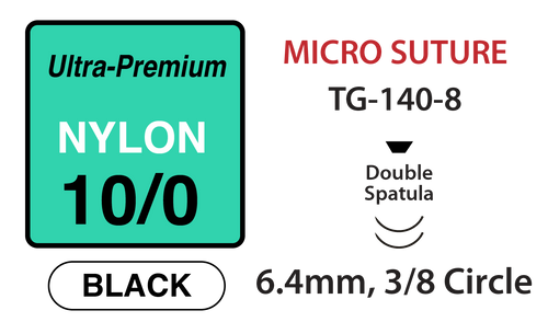 Ultra-Premium Nylon MicroSutures, Size 10/0, 12" Thread with 6.4mm 3/8 Circle Double Spatula Needles. Black. Box of 12.