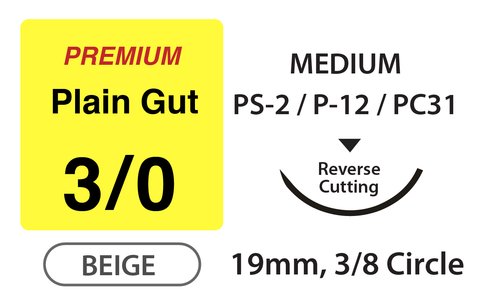 Premium+ Plain Gut Surgical Sutures, Size 3/0, 27" Thread with 19mm 3/8 Circle R/C Needle. Beige. Box of 12.