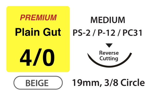 Premium+ Plain Gut Surgical Sutures, Size 4/0, 27" Thread with 19mm 3/8 Circle R/C Needle. Beige. Box of 12.