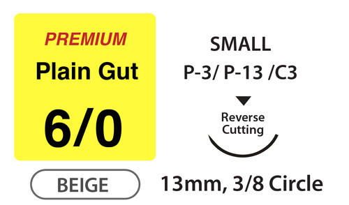 Premium+ Plain Gut Surgical Sutures, Size 6/0, 18" Thread with 13mm 3/8 Circle R/C Needle. Beige. Box of 12.