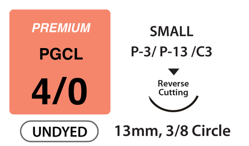 Premium+ PGCL Surgical Sutures, Size 4/0, 18" Thread with 13mm 3/8 Circle R/C Needle. Undyed. Box of 12.
