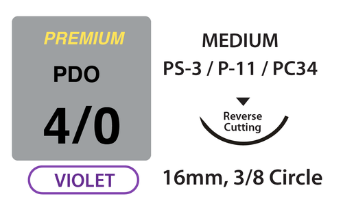 PREMIUM+ PDO Surgical Sutures, Size 4/0, 18" Thread with 16mm 3/8 Circle R/C Needle. Violet. Box of 12.